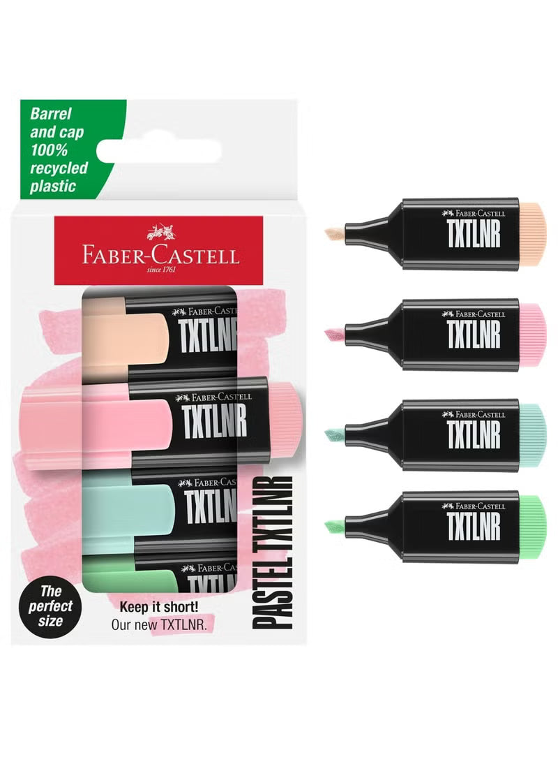 Faber-Castell Pastel TXTLNR Mini Highlighters – Pack of 4 | Smudge-Proof Water-Based Ink | Chisel Tip (1–5 mm) | 100% Recycled Plastic