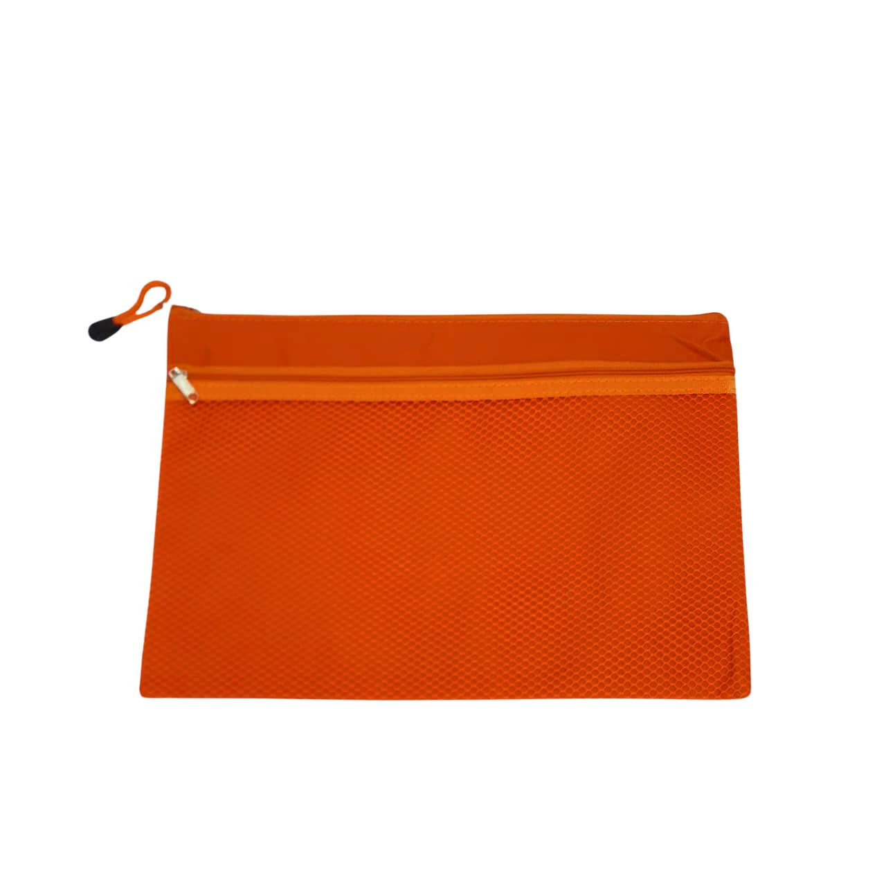 A4 orange dual-compartment zippered document file bag with mesh main pocket