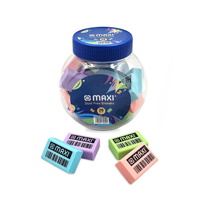 Maxi Dust Free Erasers Jar (20 pcs) | Pastel Colors & Clean Erasing | Metrix Books Store