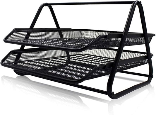 Panda Document Basket Tray – 2-Layer Mesh File Organizer | Black Stainless-Steel Desk Tray