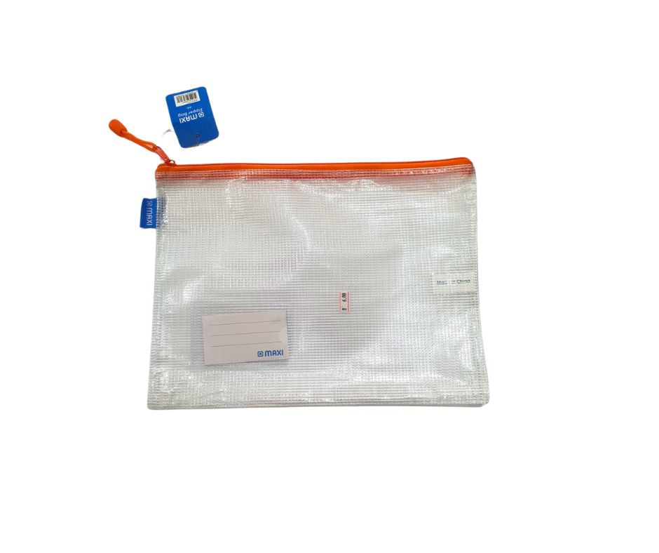 Maxi PVC Mesh Zipper Bag – Orange Trim, A4 Size