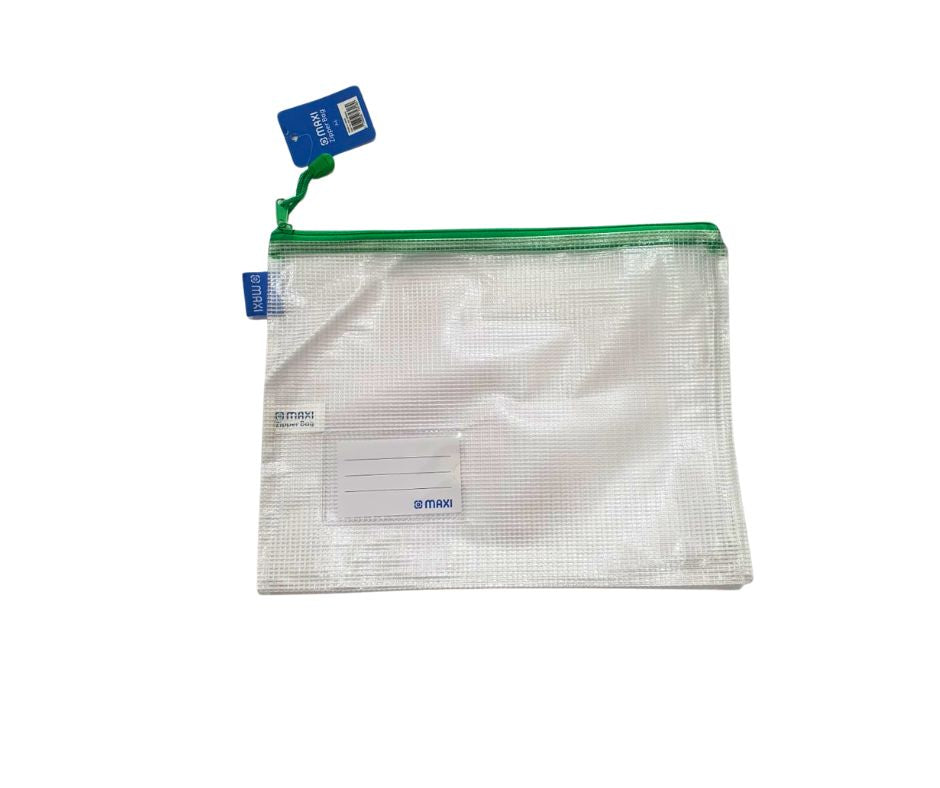 Maxi PVC Mesh Zipper Bag – Green Trim, A4 Size