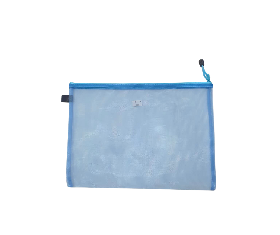 Blue A3 mesh zipper document bag made from translucent nylon