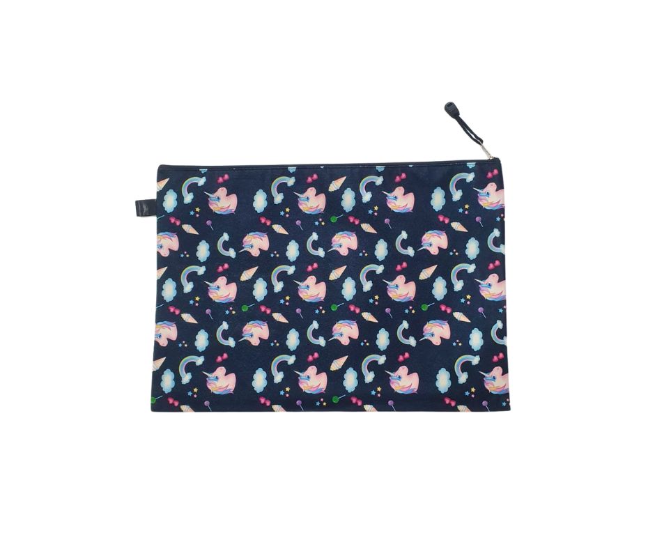 Blue synthetic leather unicorn printed zippered pouch