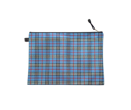 Blue plaid zipper bag with red and black lines