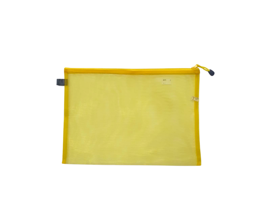 Yellow A3 mesh zipper document bag made from translucent nylon