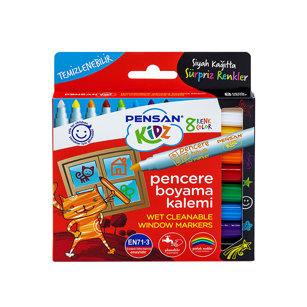 Pensan Kidz Wet Cleanable Window Markers – 8 Color Set | Child-Safe EN71-3 | Window & Glass Art Pens