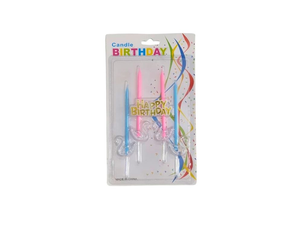 Birthday Cake Candles with Swan Holders & Happy Birthday Topper