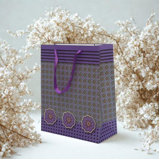 Medium Purple Paper Gift Bag with Damask Pattern & Ribbon Handles