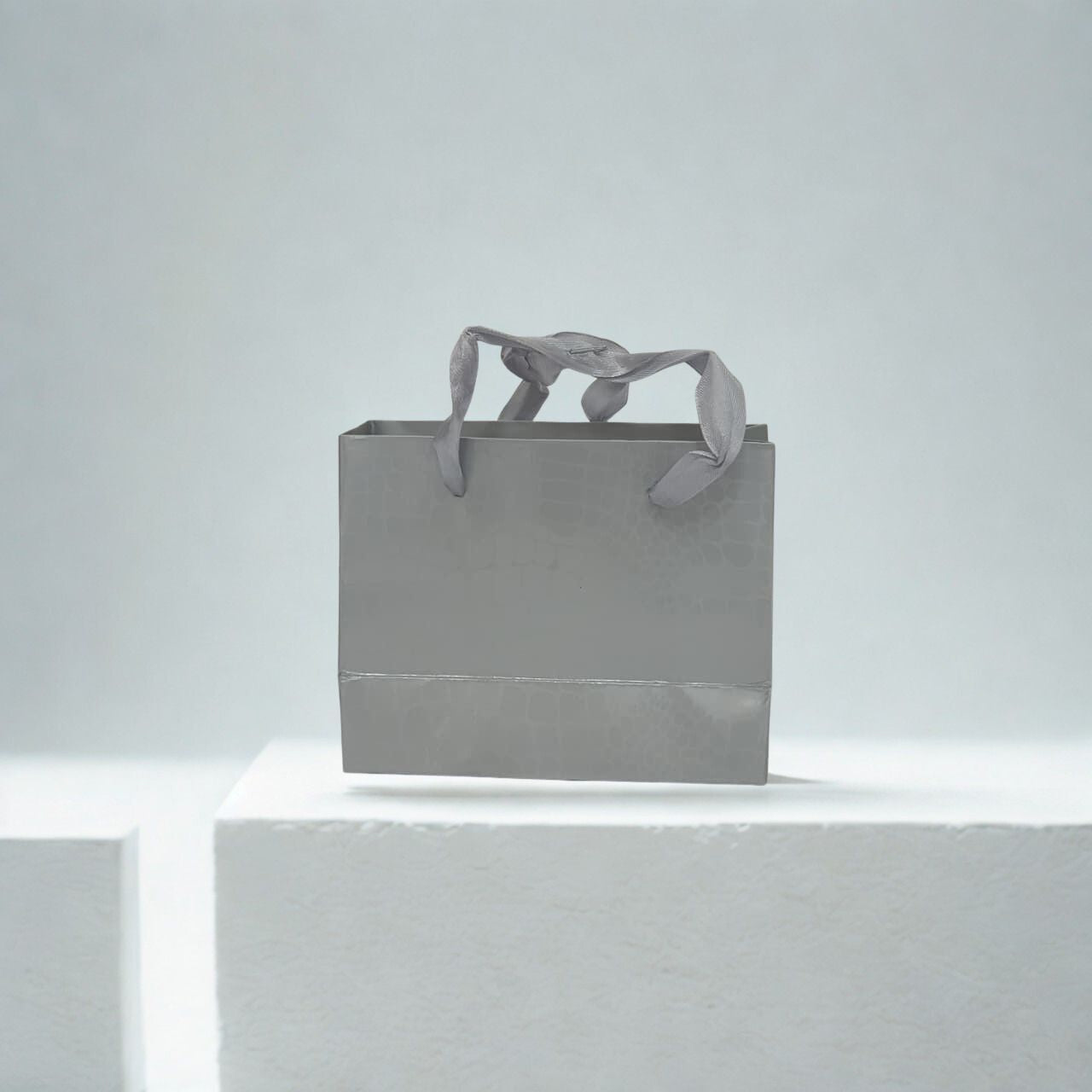 Small gray matte paper gift bag with grosgrain ribbon handles
