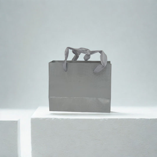 Small gray matte paper gift bag with grosgrain ribbon handles
