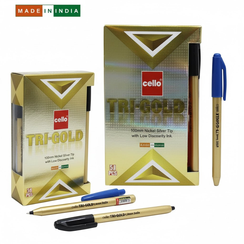 Cello Tri-Gold Ballpoint Pen 1.0mm Box of 50Pc – Blue & Black Ink | Metrix Books Store