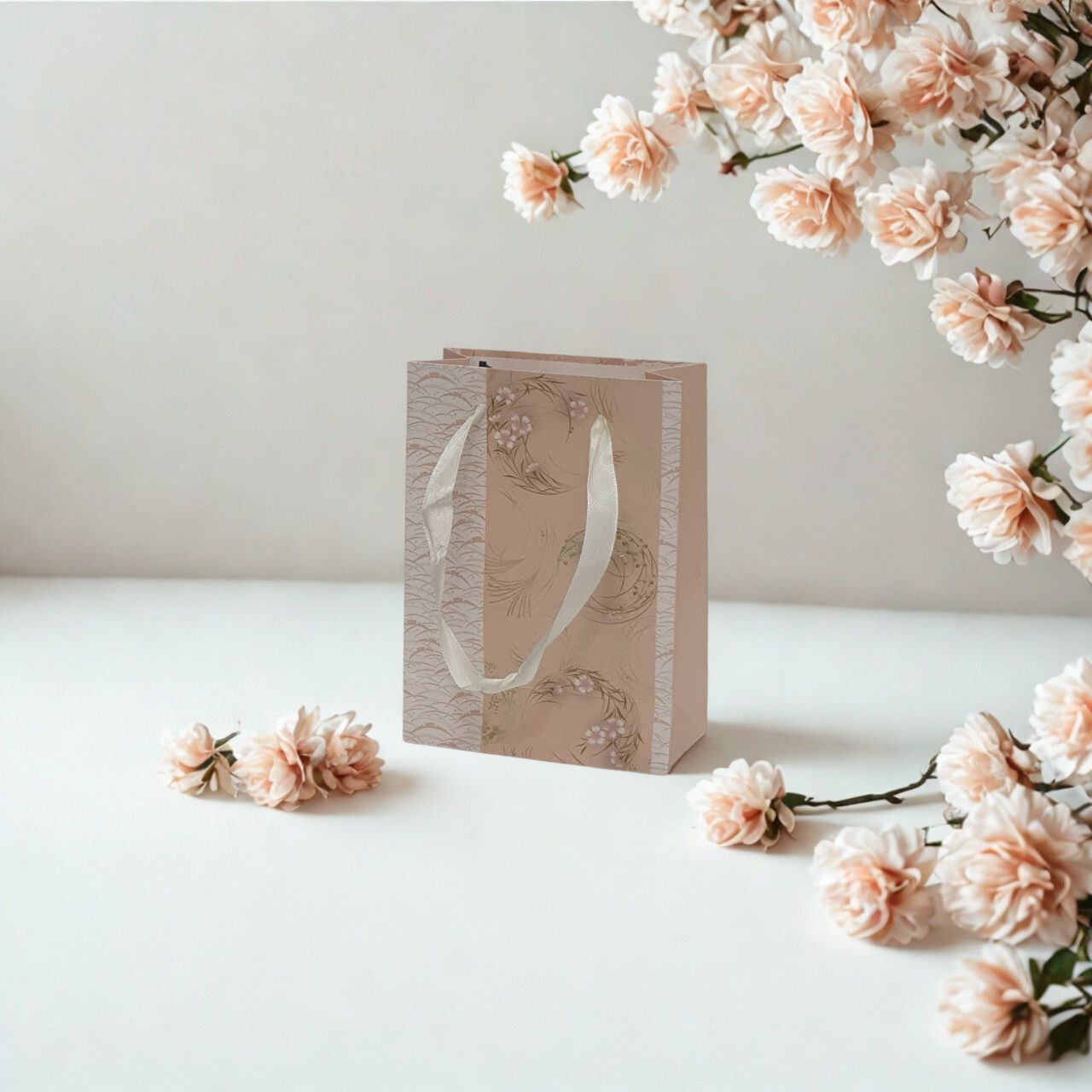 A5 floral paper gift bag with white ribbon handles for special occasions